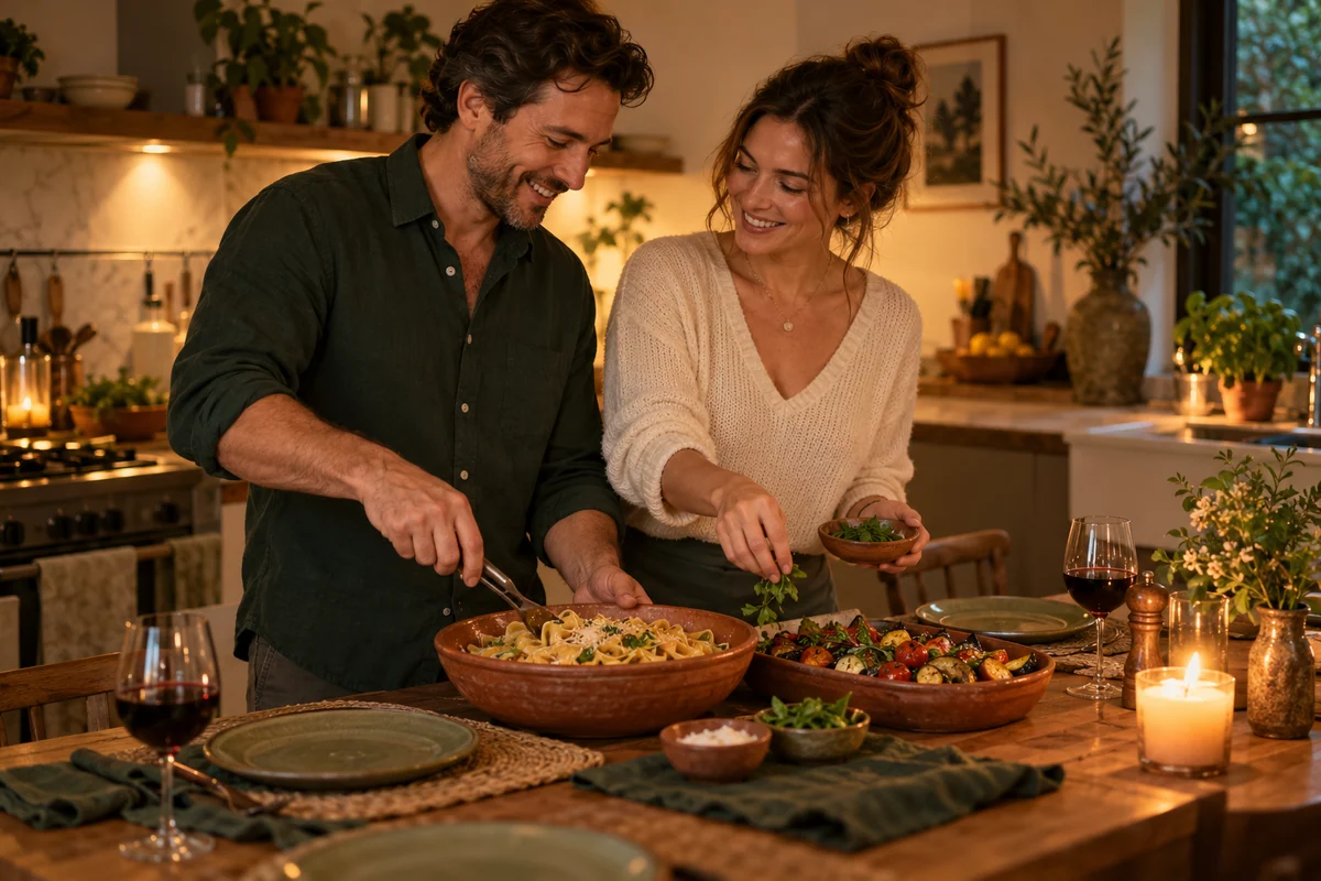 Ein erwachsenes Paar bereitet gemeinsam Pasta und Gemüse für ein Abendessen zu.