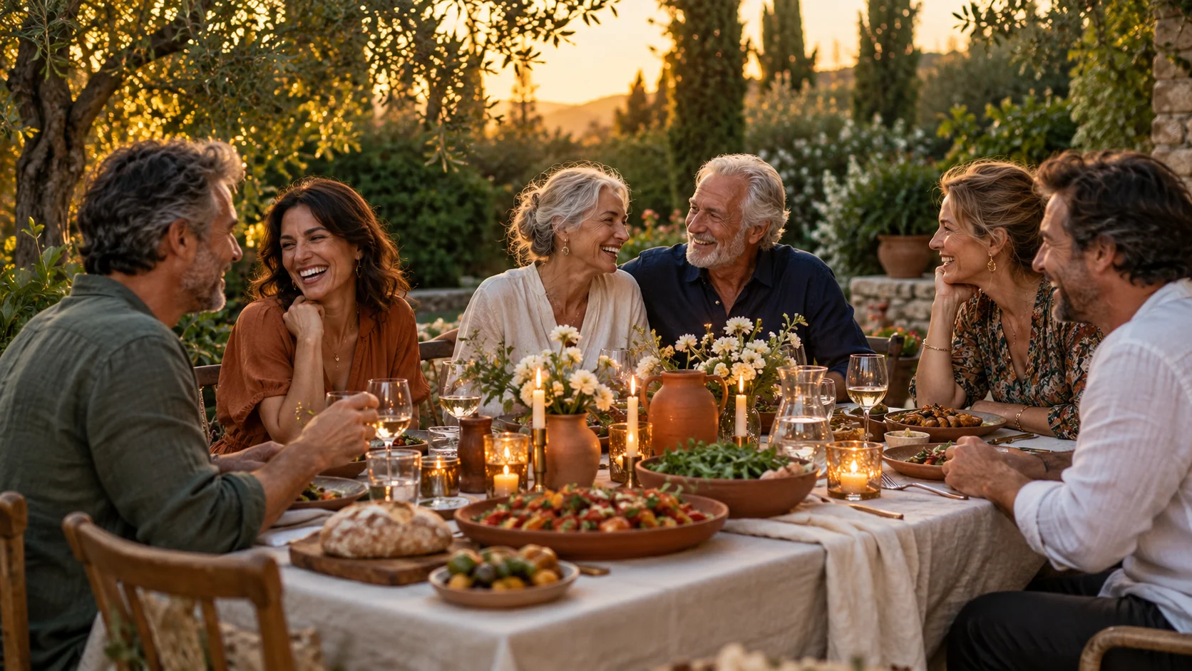 Freunde verschiedener Generationen lachen gemeinsam an einer festlich gedeckten Gartentafel.