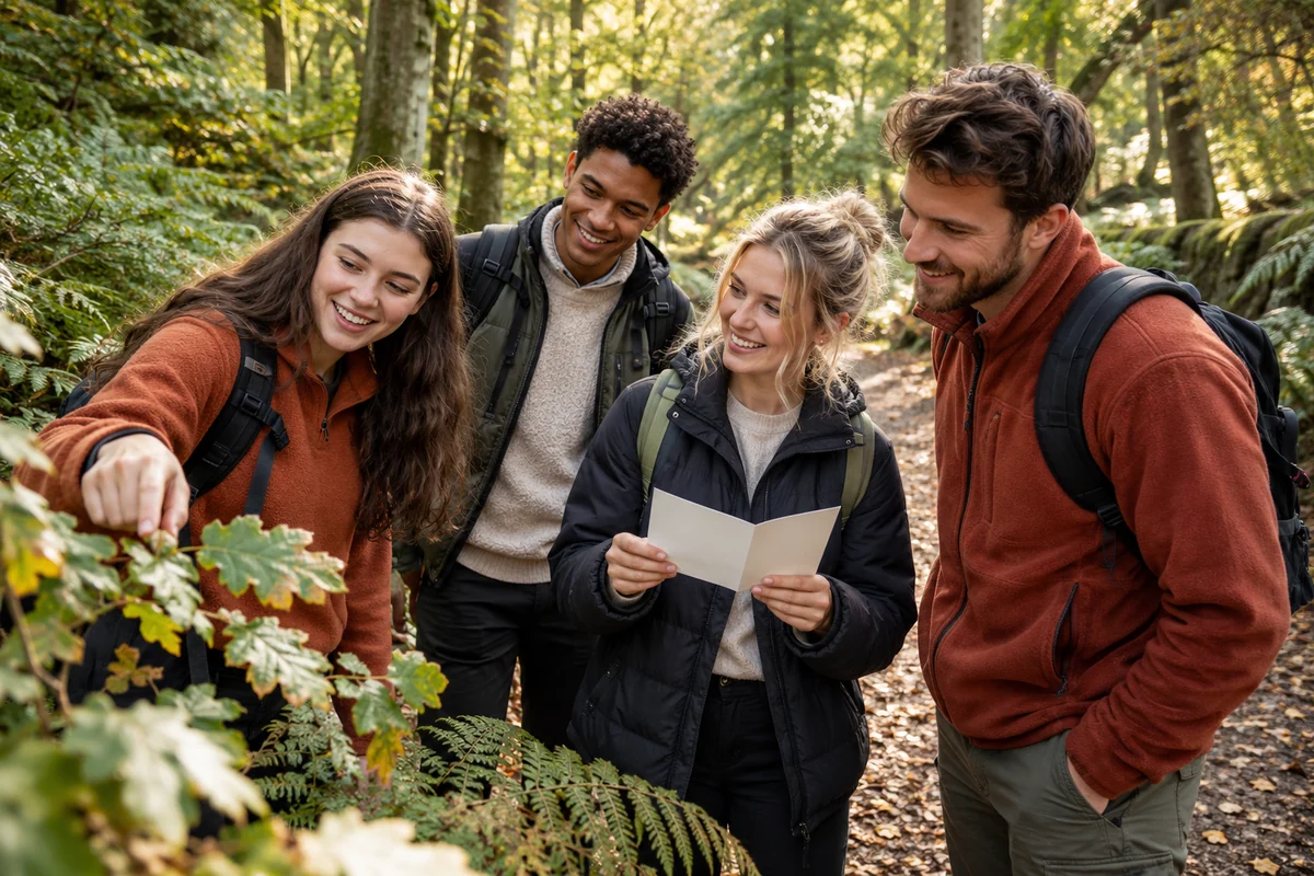 Ältere Jugendliche und junge Erwachsene entdecken gemeinsam einen ruhigen Waldweg.